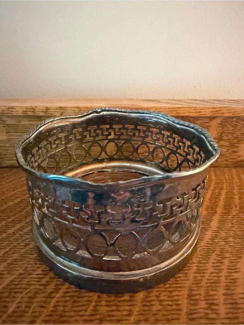 Royal Sheffield Vintage Silverplate Pierced Wine Bottle Coaster Walnut Base 4”